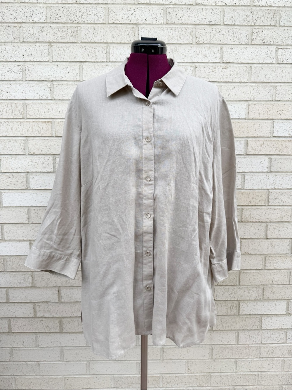 Coldwater Creek Tan Beige Shirt 100% Linen Button Down Top 3/4 Sleeves Size 2X
